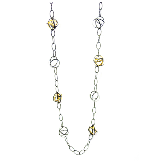 Long Mixed Mobius Necklace - 34"
 
Oxidized sterling, 22K Gold vermeil
NKMB05-G-OX    (shown)
NKMB05-G-S       (bright)